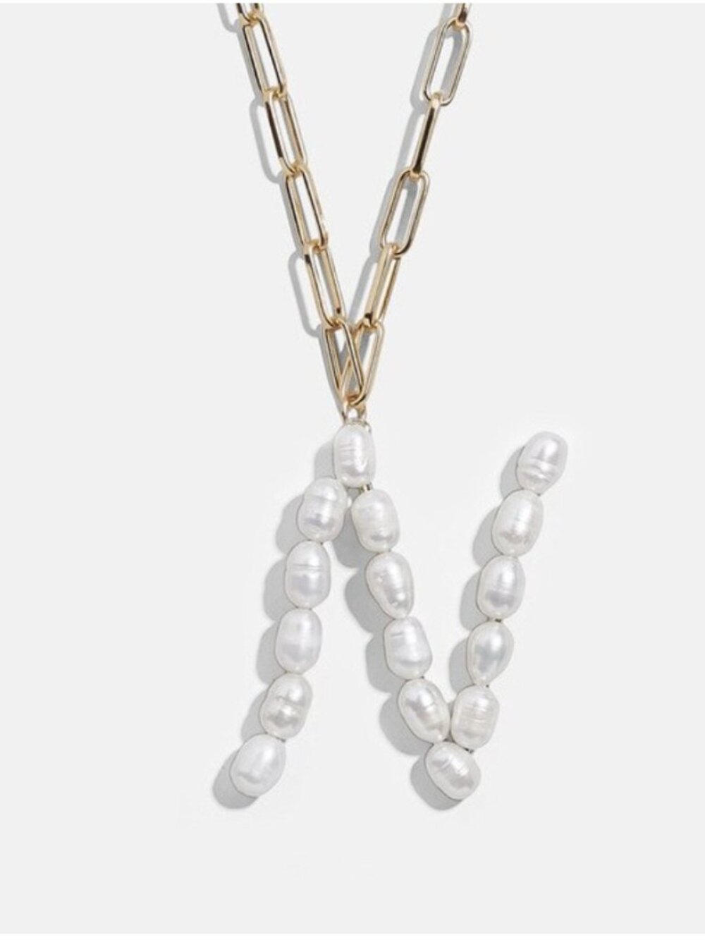 White Beaded Letter Name "N" Initial Paperclip Chain Fashion Necklace